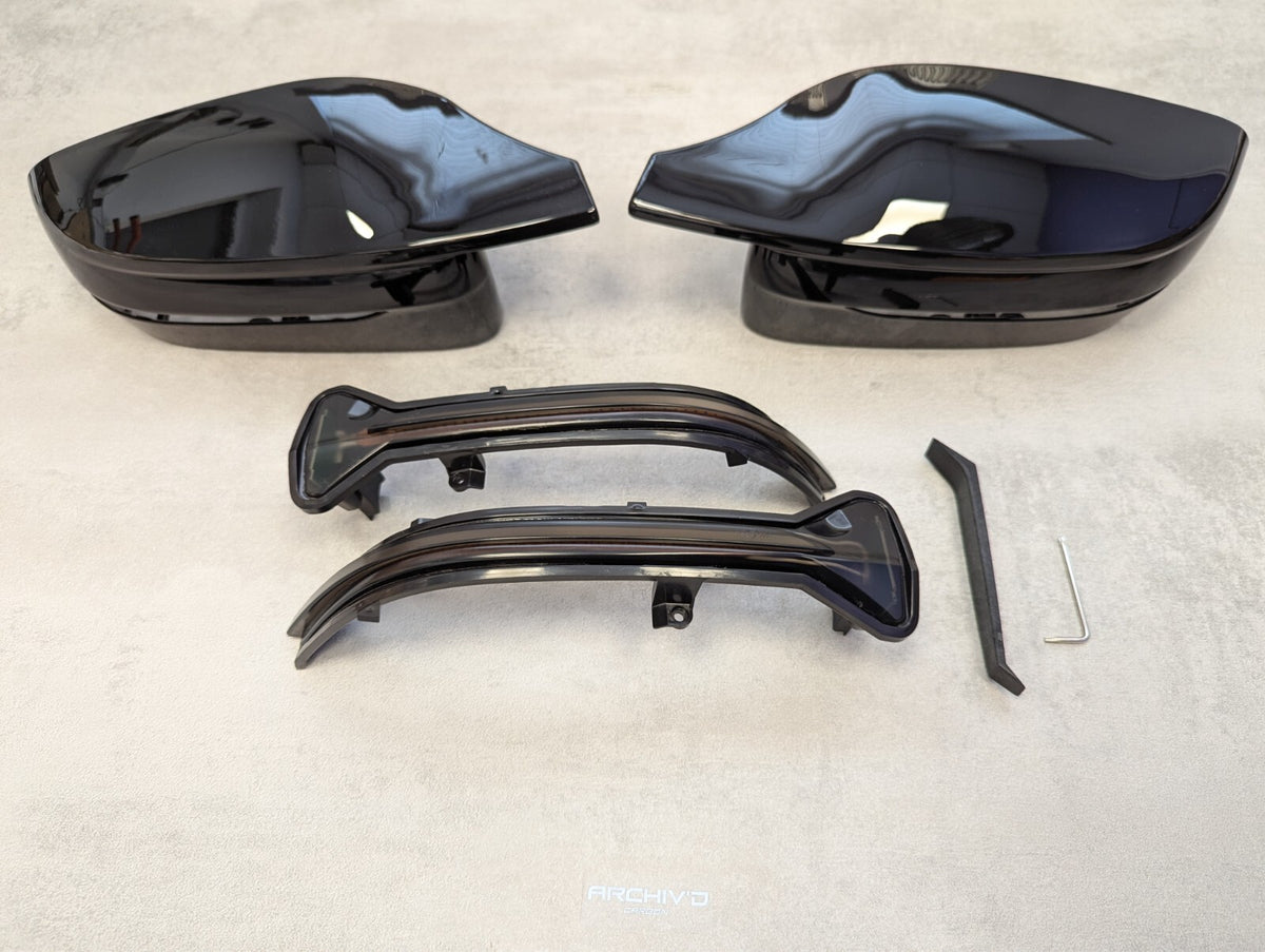 BMW G11 G20 G22 G30 Gloss Black Wing Mirror Caps + Tinted Dynamic Indicators RHD